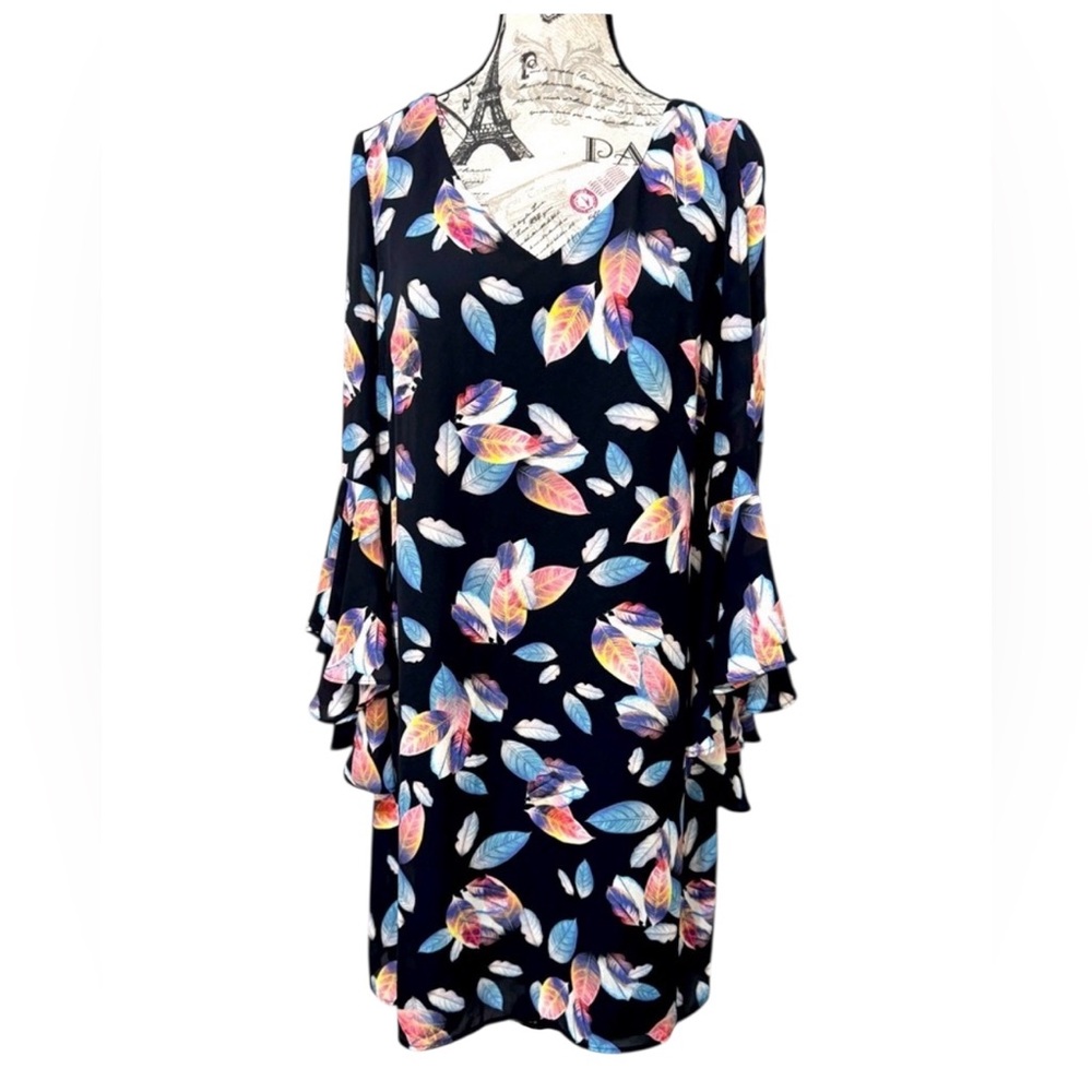 Nicole Miller Black Floral V-Neck Bell Sleeve Tunic Dress size 8